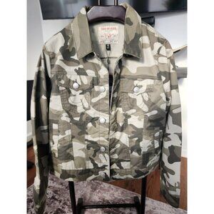 True Religion Womens Camo Denim Trucker Jacket Green Camouflage Large NWT